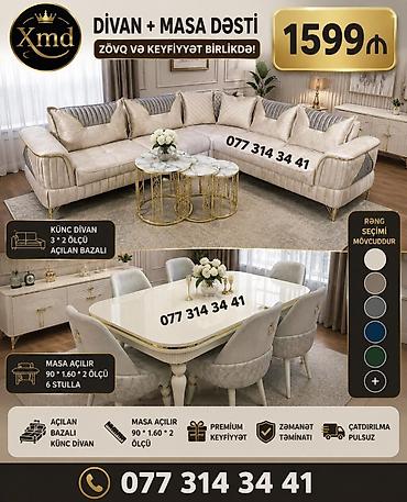 Masa və oturacaq dəstləri: Masa və 6 stul dəsti – Xmd • Komplekt: 1 yemək masası + 6 ədəd stul — 98