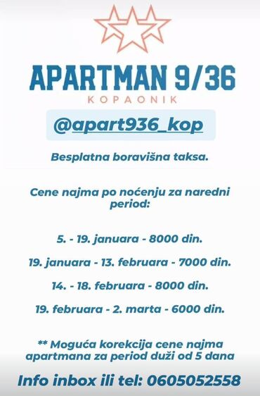 kurs za tetoviranje: Izdaje se apartman 9/36 na Kopaoniku u sklopu Kraljevih čardaka