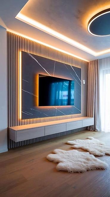 televizor dekoru alcipan: Müasir TV divar paneli və media konsolu dizaynı - Dizayn: Minimal və — 2