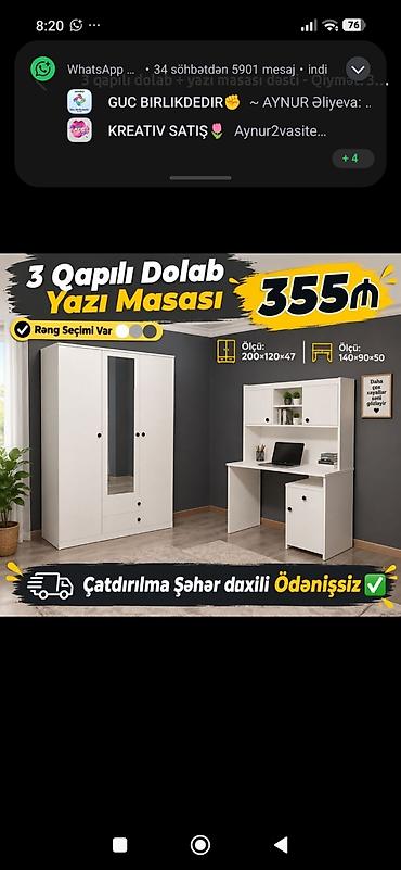 3 qapılı dolab + yazı masası dəsti - Rəng seçimi var - Dolab ölçüsü