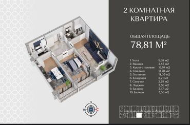 долгосрочная квартира восток 5: 2 бөлмө, 78 кв. м, Элитка, 4 кабат, ПСО (өзү оңдоп түзөтүп бүтүү үчүн)