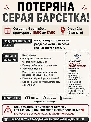 техника даром: Ищу серую барсетку. Дата и время: сегодня, 4 сентября, примерно с — 1