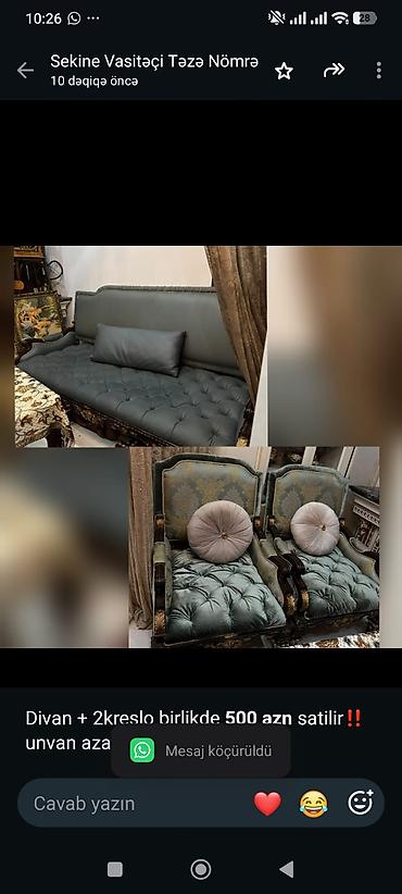 Divan + 2kreslo birlikde *500 azn* satilir‼️unvan azadliq pr 2483 lalafo.az -da Divan + 2kreslo birlikde *500 azn* satilir‼️unvan azadliq pr 2483