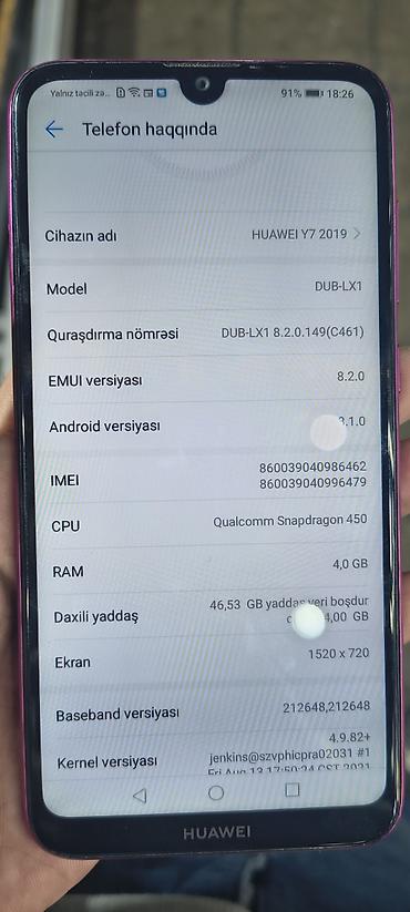 huawei p20 pro: Huawei Y7, 64 GB, rəng - Bənövşəyi, Barmaq izi — 3