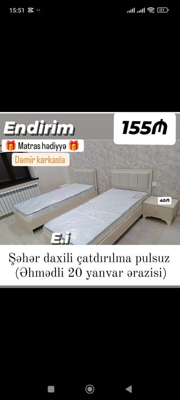 Çarpayılar: Yeni, Təknəfərlik çarpayı, Bazasız, Matras ilə, Siyirməsiz — 9