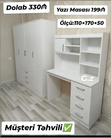 yazı masası qiyməti: Ağ rəngdə dəst: dolab və yazı masası. - Dolab: 3 qapılı, aşağıda — 1