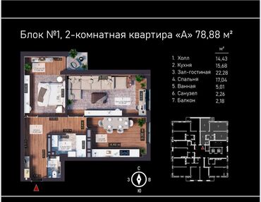 продажа квартир бишкек без посредников: 2 комнаты, 79 м², Элитка, 7 этаж, ПСО (под самоотделку)