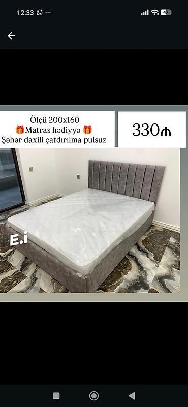matras 2 neferlik: Qrey rəngdə yumşaq başlıqlı iki nəfərlik çarpayı. - Ölçü: 200x160 sm - — 1
