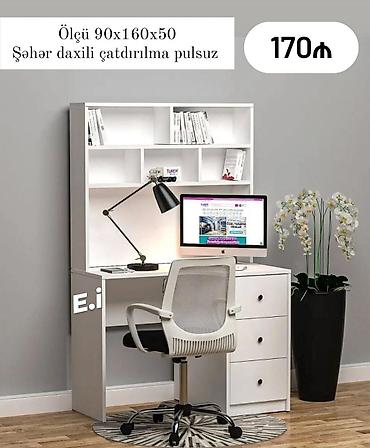 refli: Ağ rəngli funksional iş masası və üst rəfli kitablıq modulu — 1