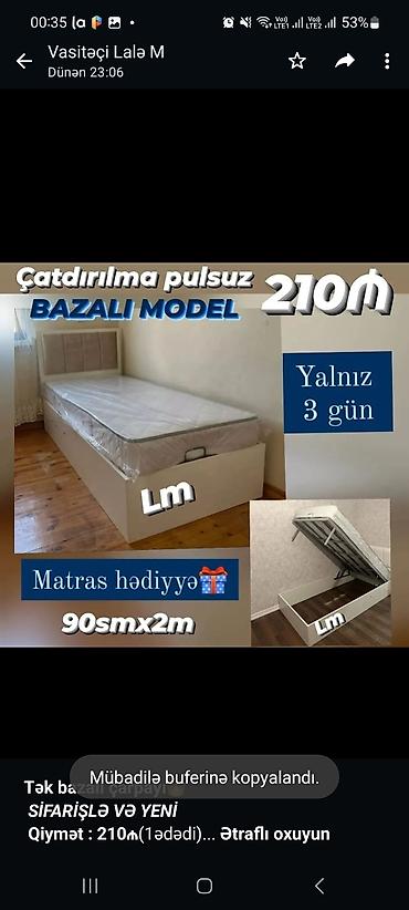 *Tək bazalı çarpayı*👑 _*SİFARİŞLƏ VƏ YENİ*_ *Qiymət : 210₼*(1ədədi)
