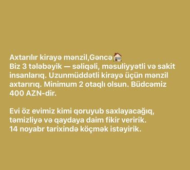 gunewlide kiraye evler: Axtarılır: Gəncədə kirayə mənzil - Uzunmüddətli kirayə üçün mənzil