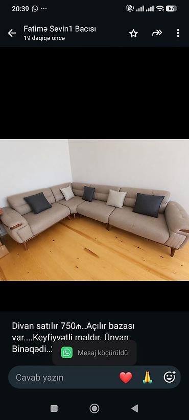 Divan satılır 750₼. Açılır bazası var. Keyfiyyətli maldır. Ünvan