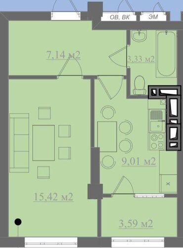 номера в иссык куле: 1 комната, 40 м², Элитка, 8 этаж, ПСО (под самоотделку)