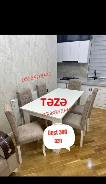 Masa və oturacaq dəstləri: Qonaq otağı üçün, Yeni, Açılmayan, Dördbucaq masa, 6 stul — 8