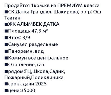 келечек квартира керек: 1 бөлмө, 47 кв. м, Элитка, 3 кабат, ПСО (өзү оңдоп түзөтүп бүтүү үчүн)