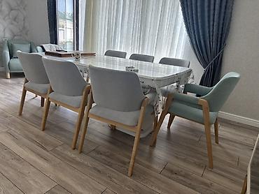 Masa və oturacaq dəstləri: Qonaq otağı üçün, İşlənmiş, Açılan, Dördbucaq masa, 8 stul — 1