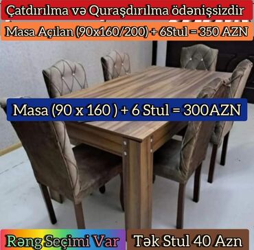Yataq otağı dəstləri: Qonaq otağı üçün, Yeni, Açılmayan, Dördbucaq masa, 6 stul