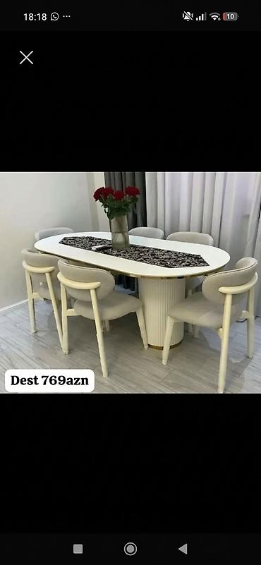 Ağ rəngdə yemək dəsti: oval formalı masa və 6 ədəd rahat oturacaqlı