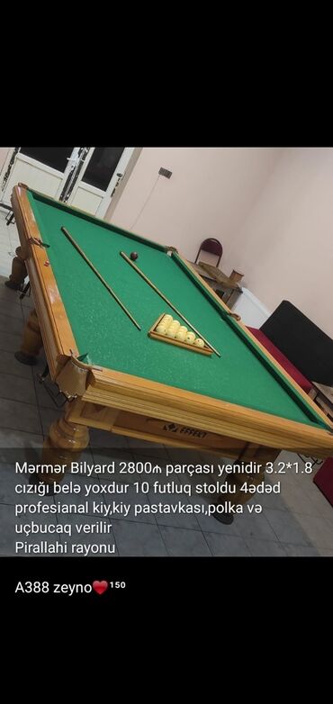 Bilyard masaları: Mermer Blyardo. Parçasi yenidir. 2800 manat. 3*2 .1.8 e. cizgi