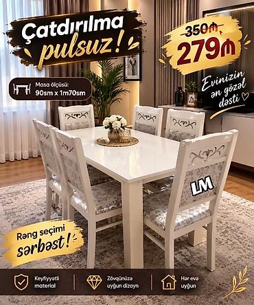 Yemək otağı dəsti – 1 masa + 6 stul - Masa ölçüsü: 90 sm x 1 m 70 sm