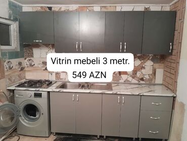 mətbəx mebelleri: ◼️ Mətbəx mebeli.(Vitrin mebelidi). Ölçüsü 3 metr.Ustunde olan moyka