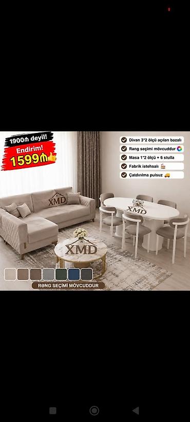 plastik stol stullar: Qonaq otağı dəsti – divan + masa və 6 stul - Divan: 3×2 ölçü, açılan — 1