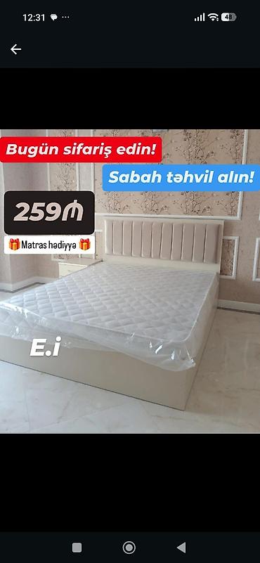 Müasir dizaynlı yumşaq başlıqlı çarpayı dəsti - Rəng: açıq bej/krem -