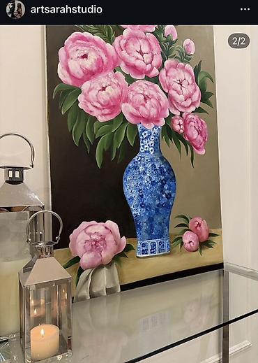 piona: Rəsm əsəri: “Pionlar mavi vazada” -Ölçü: 120x80 - Texnika: kətan — 3