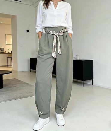 Pantalone: Ženske pantalone sa visokim strukom i kaišem-šalom - Kroj: visok — 2