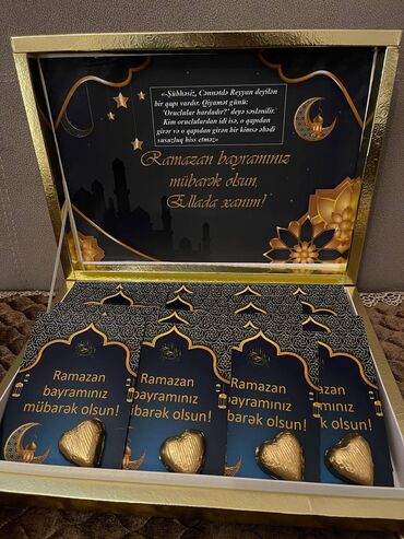 hediyye kart: Ramazan bayramına uyğun hazırlanmış şokolad xonçasıdır. Tərkibində 16