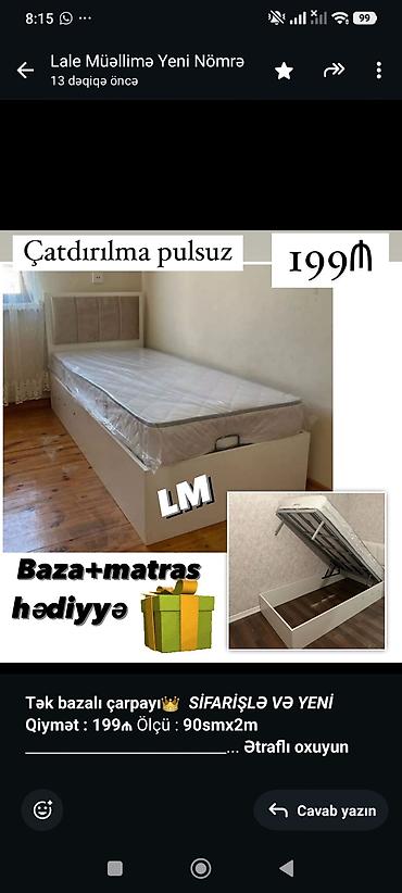 teze mebeller: *Tək bazalı çarpayı*👑 _*SİFARİŞLƏ VƏ YENİ*_ *Qiymət : 199₼* Ölçü  — 2