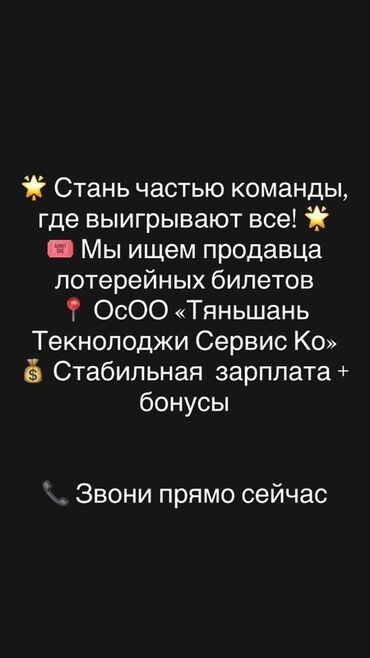 удаленный менеджер по продажам: Мы ищем продавца лотерейных билетов в ОсОО «Тяньшань Текнолоджи Сервис