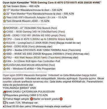 Masaüstü kompüterlər və iş stansiyaları: Oyun üçün Kompüter "RGB Gaming Core i5 4570 GTX1050Ti 4GB 256GB NVME” — 2
