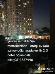 Uzunmüddətli kirayə mənzillər: Yeni yasamalda 9/6 mertebesinde 1 otaqli ev 500 azn ev oğlanarada — 1