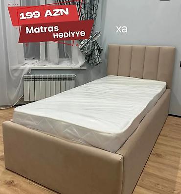 taxt ucuz: Tək nəfərlik yumşaq başlıqlı çarpayı - Rəng: bej - Üfüqi tikişli — 1