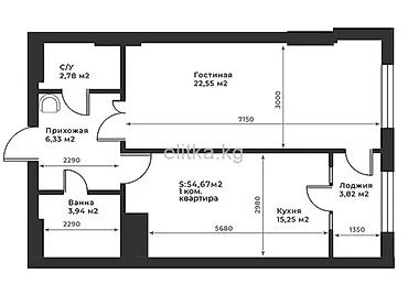 длиная: 1 комната, 54 м², Азия Молл Элитка, 4 этаж, ПСО (под самоотделку) — 2