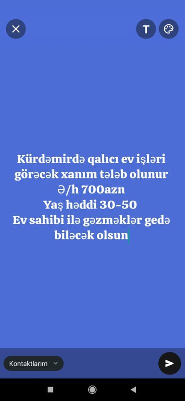 İş: Kürdəmir rayonunda daimi yaşayış üçün ev işləri görə biləcək xanım
