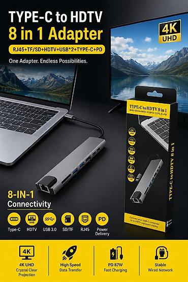 TYPE-C to HDTV 8-in-1 Adapter Bir adapter – sonsuz imkanlar. USB-C lalafo.az -da TYPE-C to HDTV 8-in-1 Adapter Bir adapter – sonsuz imkanlar. USB-C