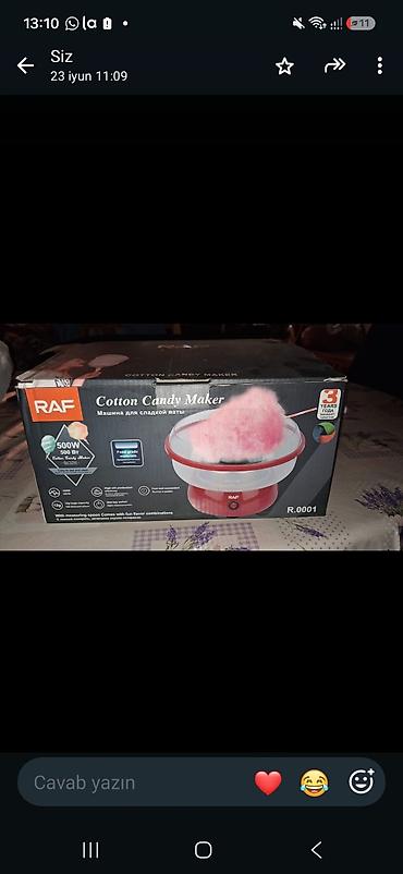 kafe aparati: RAF Cotton Candy Maker – şəkər pambığı aparatı Model: R.0001 Güc — 2