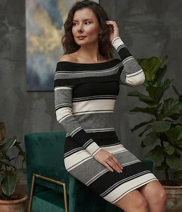 massimo dutti baletanke: Ženska pletena haljina s prugama – midi dužina - Kroj: pripijeni — 1