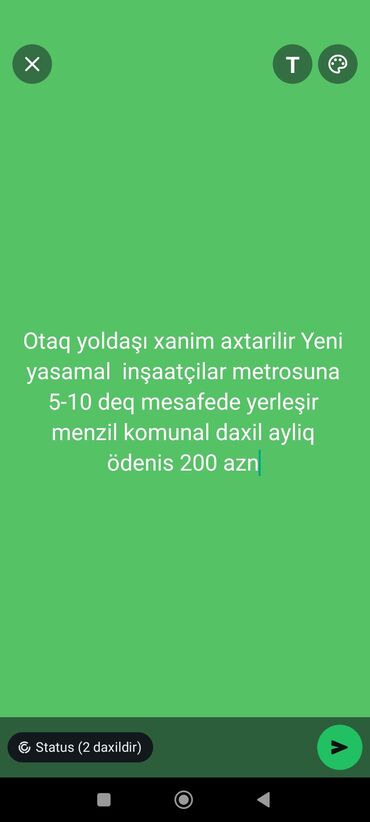 yasamalda ayliq kiraye evler: Otaq yoldasi xanim axtarilir unvan yeni Yasamal insaatcilar metrosu