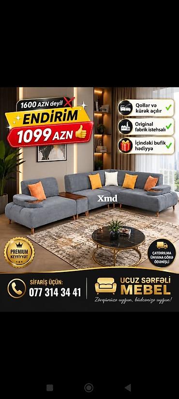 qədimi masa: Məhsul: Künc divan dəsti - Rəng: tünd boz (yastıqlarda narıncı və ağ — 1