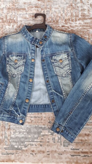 джинсы с майкой: Джинсовая куртка, Осень-весна, Укороченная модель, M (EU 38)