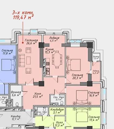 3ка: 3 комнаты, 119 м², Асанбай мкр Элитка, 15 этаж — 4