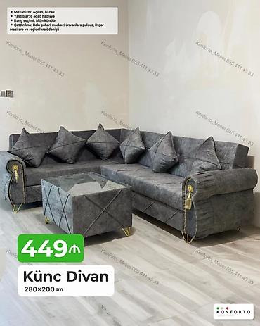 Divanlar: Künc Divan – 280×200 sm - Qiymət: 449 ₼ - Mexanizm: Açılan, bazalı — 1