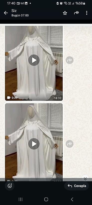 kostum: Ağ rəngdə zərif namaz dəsti – xalat tipli uzun paltar və örtüklü şal — 1