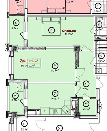 14: 2 комнаты, 78 м², Асанбай мкр Элитка, 6 этаж, ПСО (под самоотделку) — 2