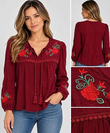 Ženska boho bluza – bordo - Materijal: lagana, prijatna tkanina sa