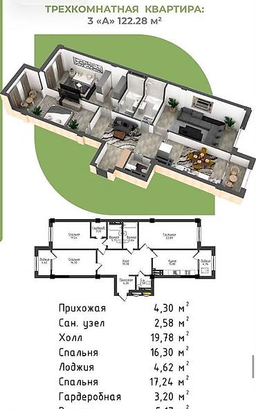 3 комнаты, 122 м², Асанбай мкр Элитка, 12 этаж, ПСО (под самоотделку)