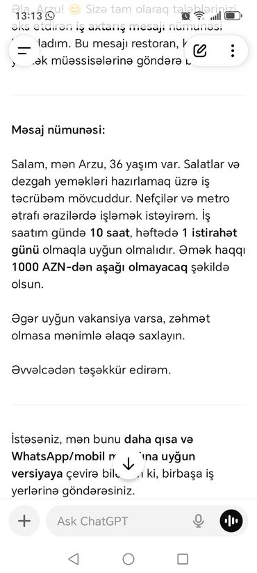 part time iw: Aşpaz Salatçı. 1-2 illik təcrübə